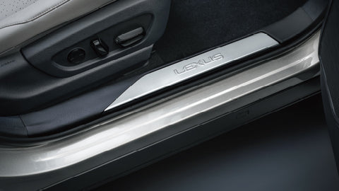 Genuine Lexus Japan 2019-2025 UX Brushed Stainless Front Scuff Plate Set with Lexus Logo
